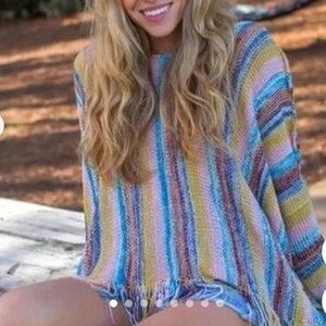 Natural Life Colorful Knit Boho Fringe Striped Detail Sweater S/M